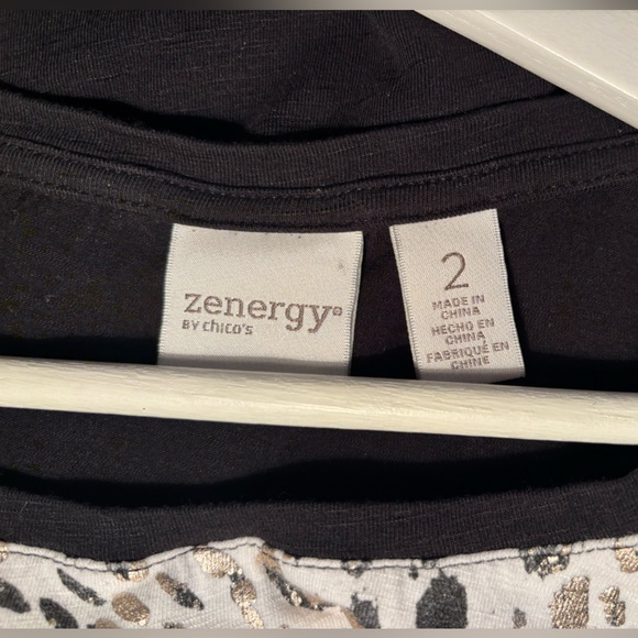 Chico’s | Zenergy Two-Toned Animal Print Raglan Black White Metallic Foil Tee(L) - Picture 3 of 6